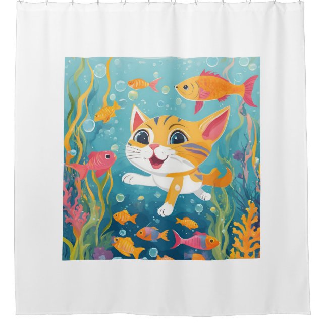 Swimming cat shower curtain (Front)