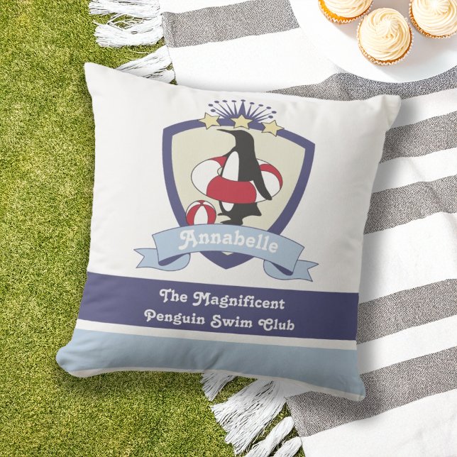 Swimming Club Crest Cute Cartoon Penguin Kids Cushion (Creator Uploaded)