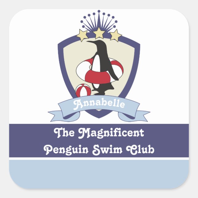 Swimming Club Crest Cute Cartoon Penguin Kids Square Sticker (Front)
