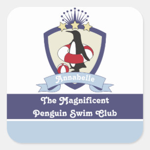 Swimming Club Crest Cute Cartoon Penguin Kids Square Sticker