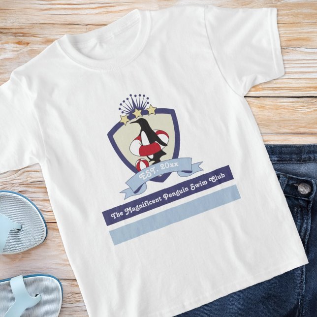Swimming Club Crest Cute Cartoon Penguin T-Shirt (Creator Uploaded)