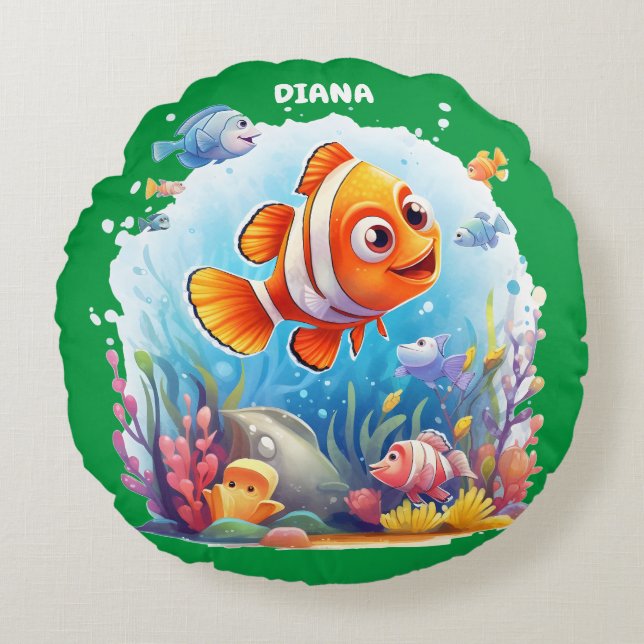 SWIMMING COLORFUL FISHES FOR KIDS ROUND CUSHION (Front)