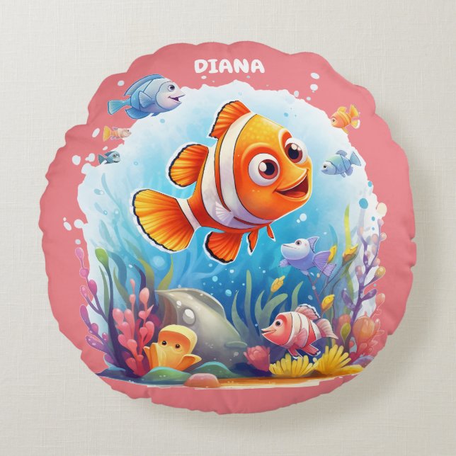 SWIMMING COLORFUL FISHES FOR KIDS ROUND CUSHION (Front)