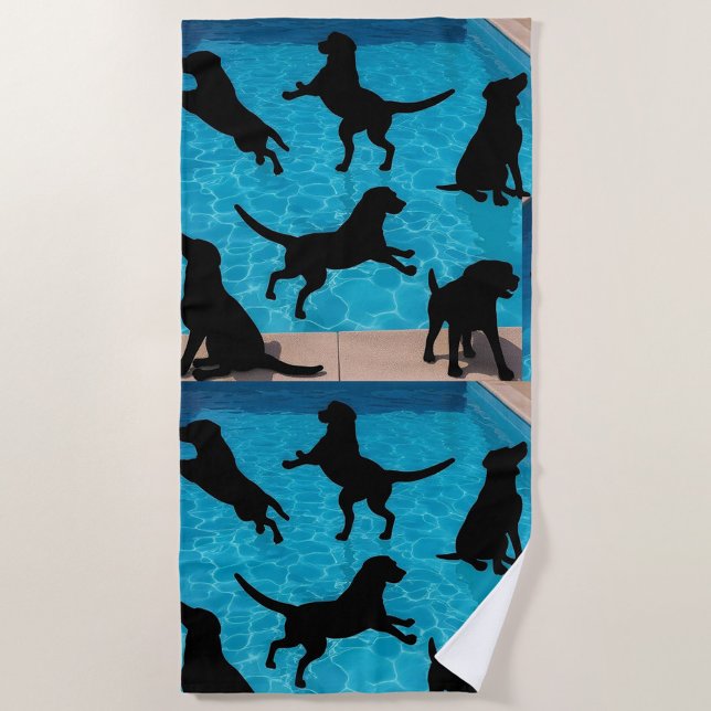 Swimming Dogs  Beach Towel (Silhouetted dogs playfully leaping and splashing in a bright blue swimming pool.)