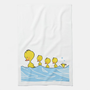 Swimming duck family tea towel