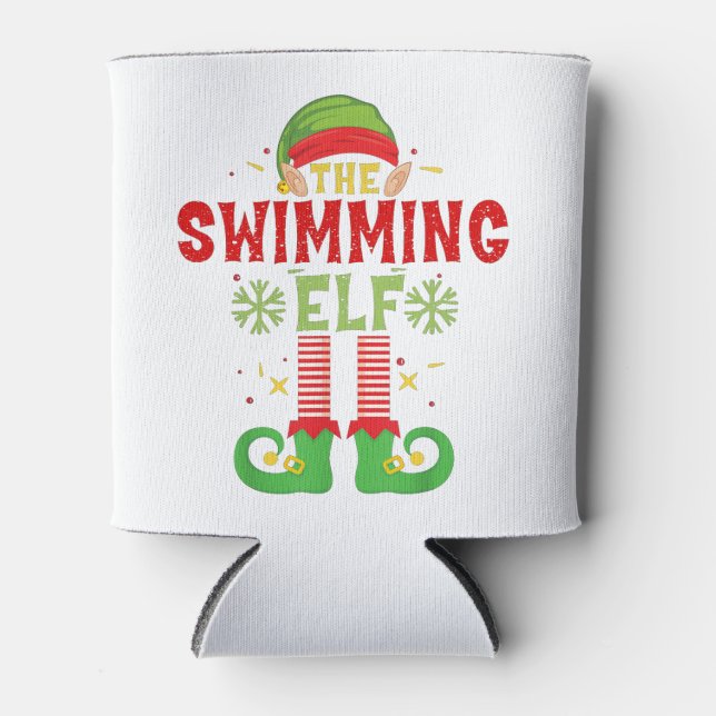 Swimming Elf Family Matching Group Christmas Party Can Cooler (Front)