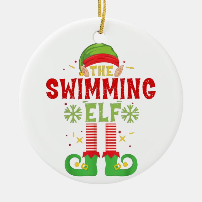 Swimming Elf Family Matching Group Christmas Party Ceramic Tree Decoration (Front)
