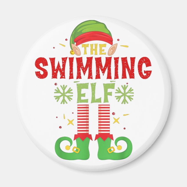 Swimming Elf Family Matching Group Christmas Party Magnet (Front)