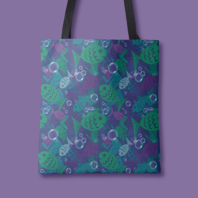 Swimming Fish and Bubbles Vibrant Reef Pattern Tote Bag (Creator Uploaded)