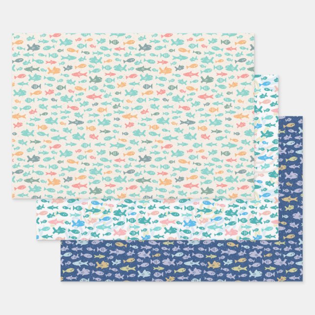 Swimming Fish Nautical Beach Sea Life Patterns Wrapping Paper Sheet (Set)