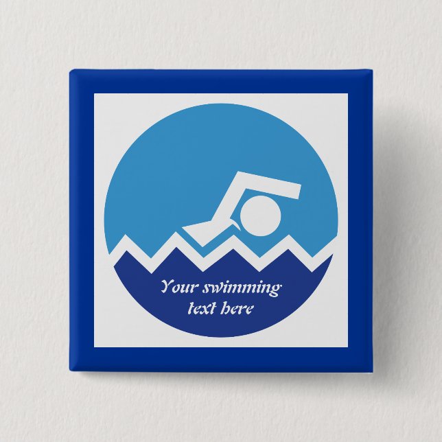 Swimming gifts, swimmer on a blue circle custom 15 cm square badge (Front)