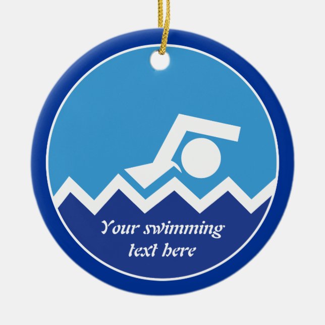 Swimming gifts, swimmer on a blue circle custom ceramic tree decoration (Front)