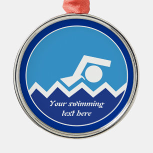 Swimming gifts, swimmer on a blue circle custom metal tree decoration