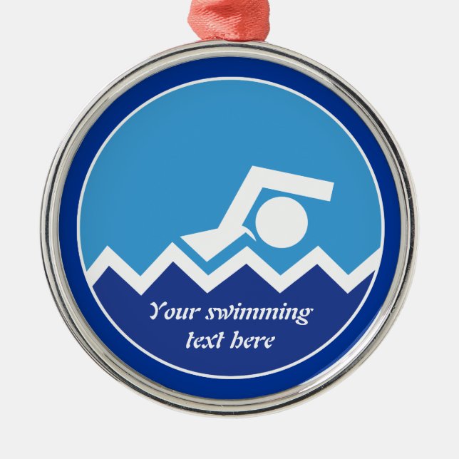 Swimming gifts, swimmer on a blue circle custom metal tree decoration (Front)