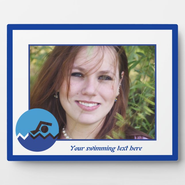 Swimming gifts, swimmer on a blue circle custom plaque (Front)