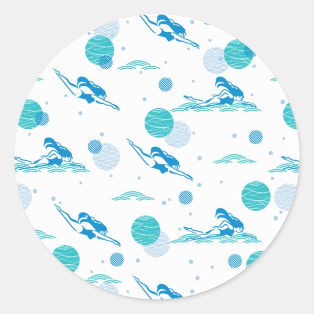 Swimming Girl in the water art pattern Classic Round Sticker (Front)