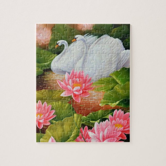 Swimming gooses and lotus flowers in the water jigsaw puzzle (Vertical)