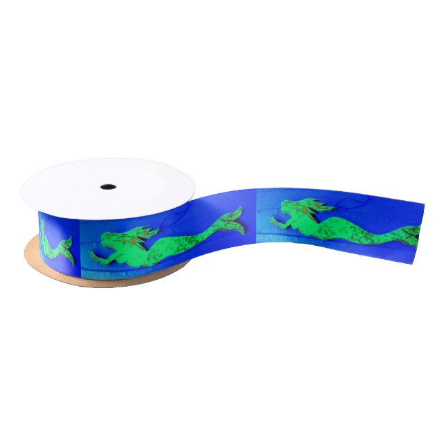 swimming green mermaids on blue satin ribbon (Spool)