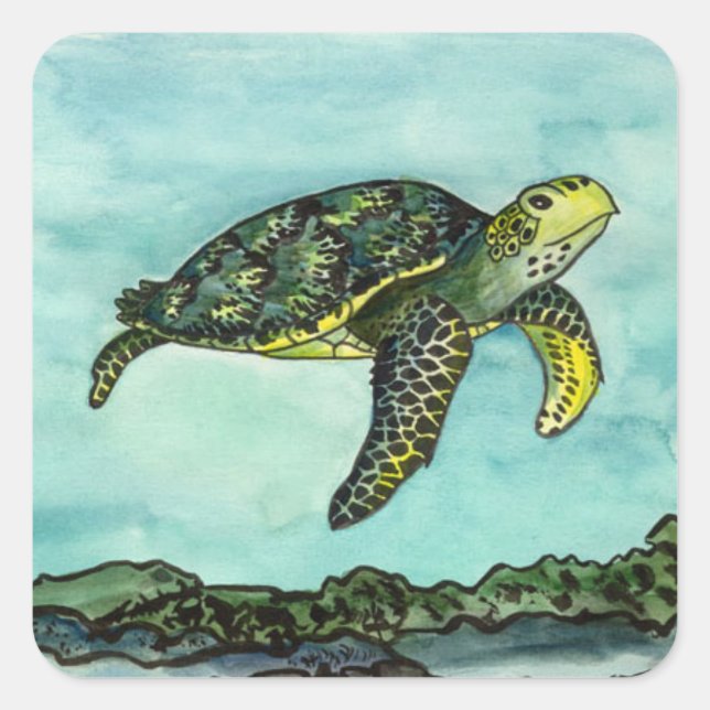 Swimming Green Turtle Square Sticker (Front)