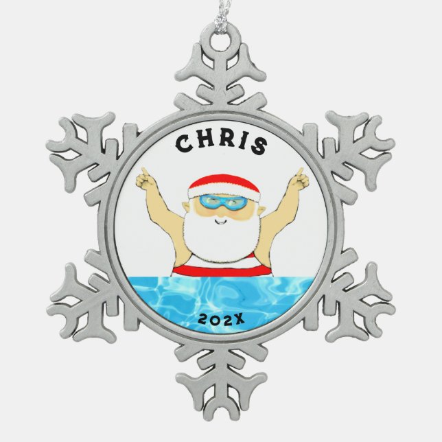 Swimming Holiday Gift Snowflake Pewter Christmas Ornament (Front)