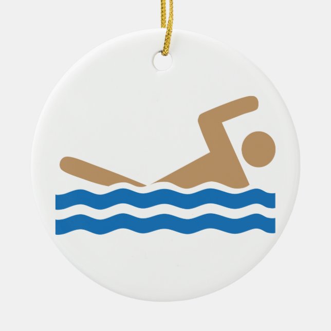 Swimming icon pictograph in colour ceramic tree decoration (Front)