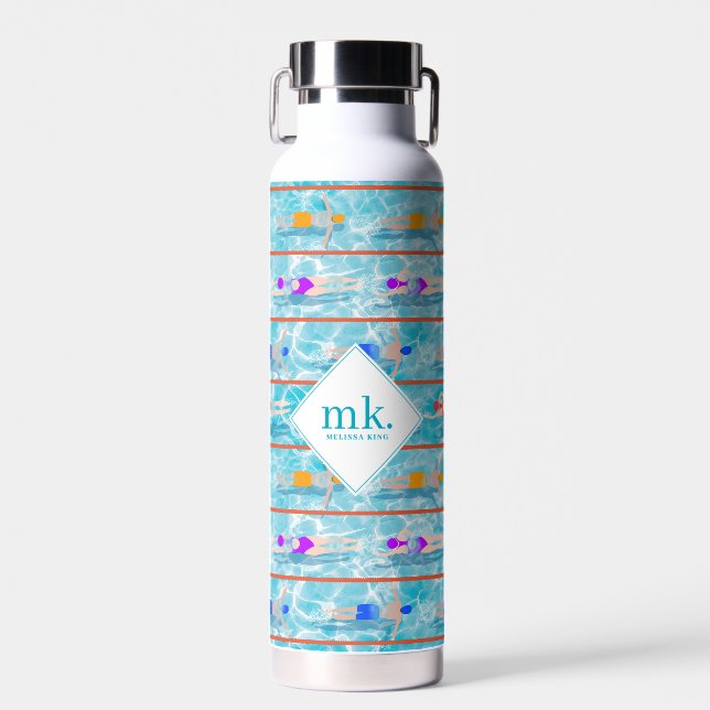 Swimming Laps Pool Swim Team Pattern Monogram Water Bottle (Front)
