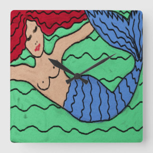 Swimming Mermaid Abstract Painting Square Wall Clo Square Wall Clock