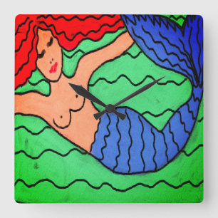 Swimming Mermaid Abstract Painting Square Wall Clock