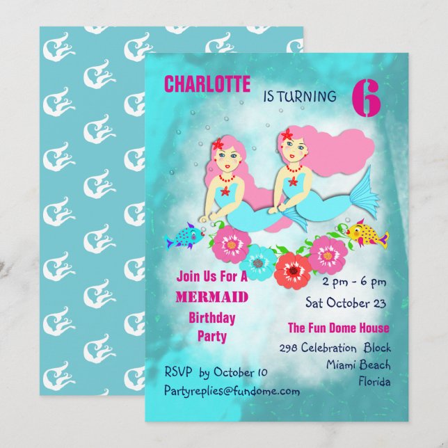 Swimming Mermaids Cute Girly Birthday Party Invite (Front/Back)