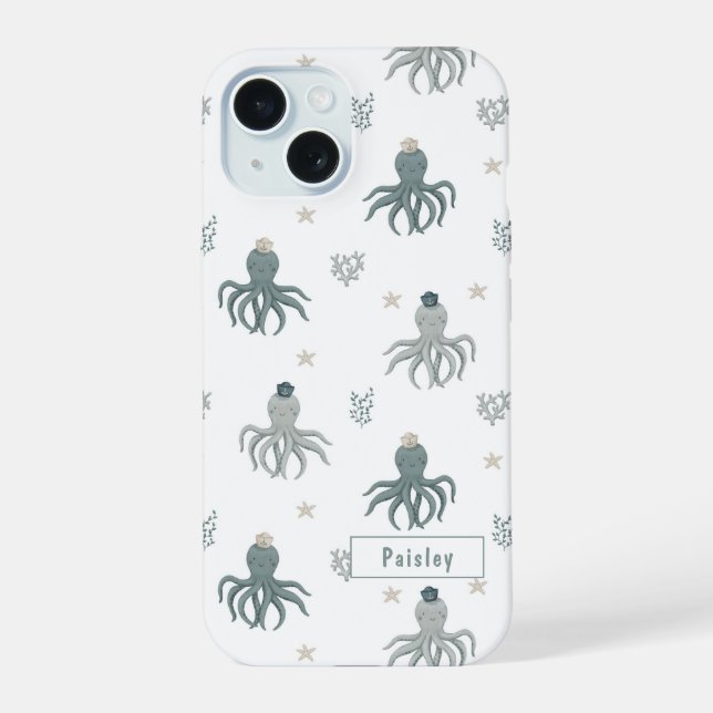 Swimming Octopus with name iPhone 15 Case (Back)