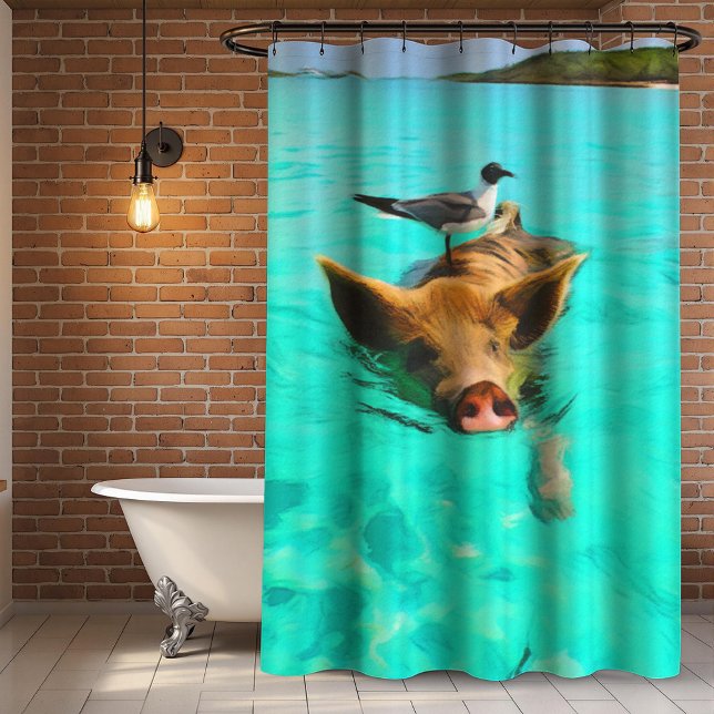 Swimming Pig with Bird in Bahamas Shower Curtain (Creator Uploaded)