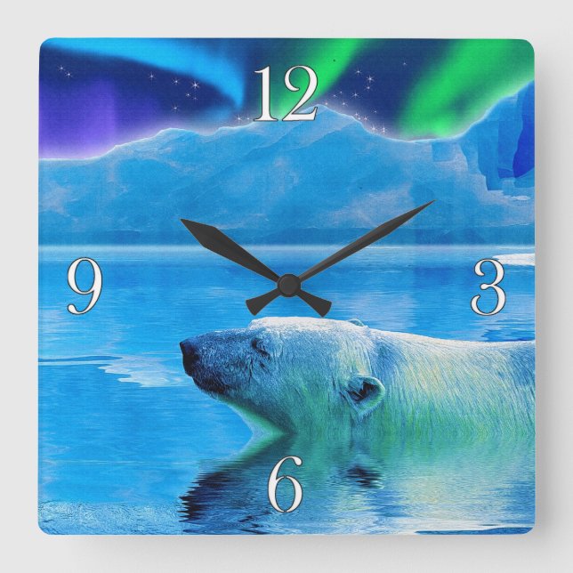 Swimming Polar Bear & Aurora Art Clock (Front)