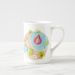 Swimming pool girl in bikini summer beach bone china mug