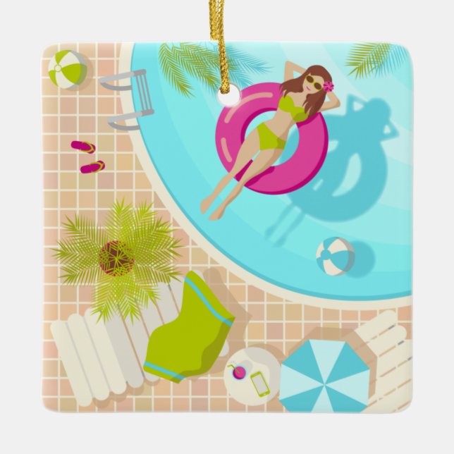 Swimming pool girl in bikini summer beach ceramic ornament (Front)