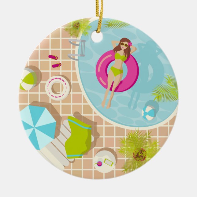 Swimming pool girl in bikini summer beach ceramic tree decoration (Front)