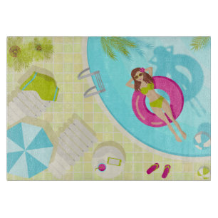 Swimming pool girl in bikini summer beach cutting board