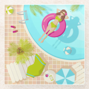 Swimming pool girl in bikini summer beach glass coaster