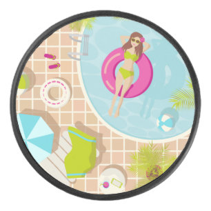 Swimming pool girl in bikini summer beach hockey puck