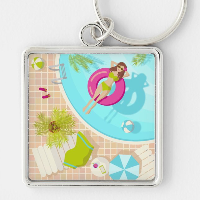 Swimming pool girl in bikini summer beach key ring (Front)