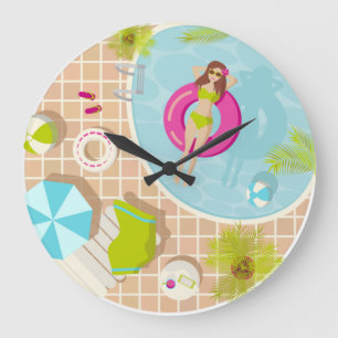 Swimming pool girl in bikini summer beach large clock
