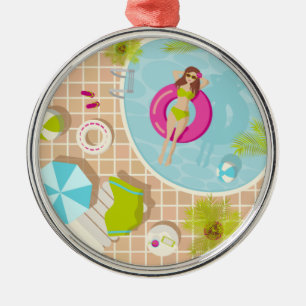 Swimming pool girl in bikini summer beach  metal tree decoration
