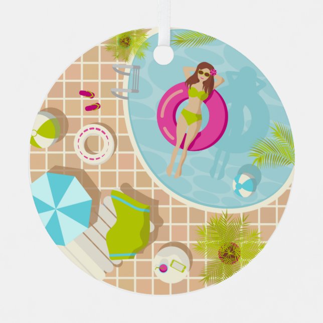 Swimming pool girl in bikini summer beach metal tree decoration (Front)