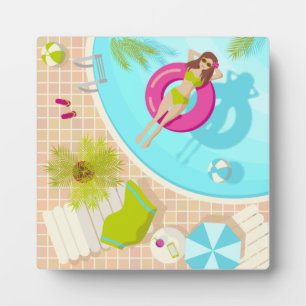 Swimming pool girl in bikini summer beach plaque