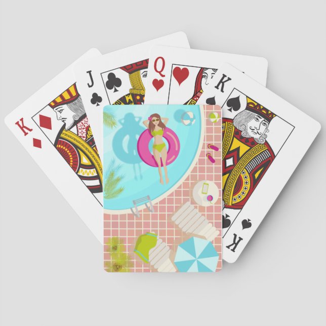 Swimming pool girl in bikini summer beach playing cards (Back)
