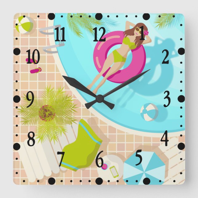 Swimming pool girl in bikini summer beach  square wall clock (Front)