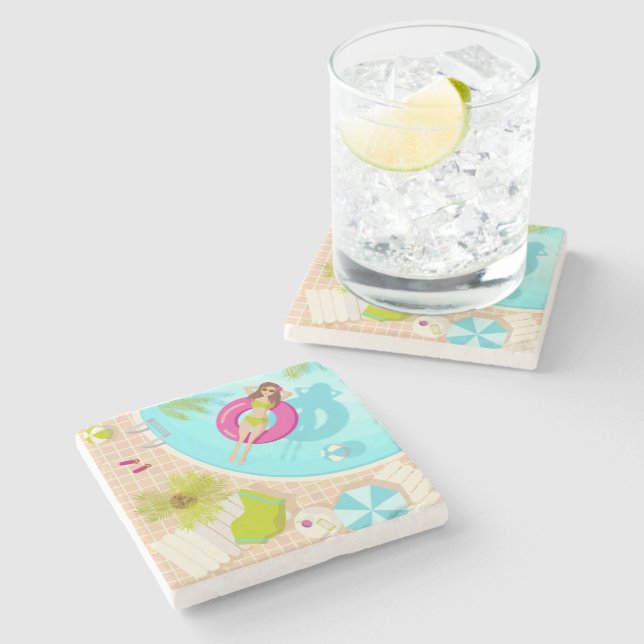 Swimming pool girl in bikini summer beach  stone coaster (Side)