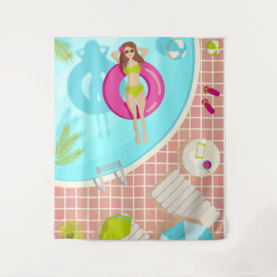 Swimming pool girl in bikini summer beach tapestry