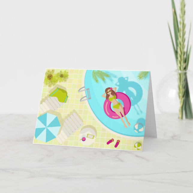 Swimming pool girl in bikini summer beach thank you card (Front)