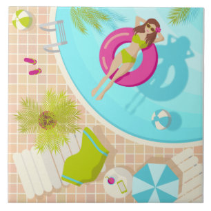 Swimming pool girl in bikini summer beach  tile