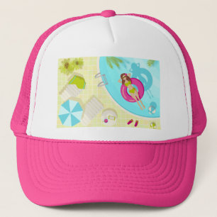 Swimming pool girl in bikini summer beach trucker hat